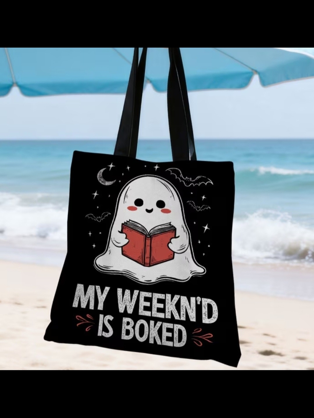 Black Ghost Tote Bag with Red Book Graphic - Picture 3 of 5